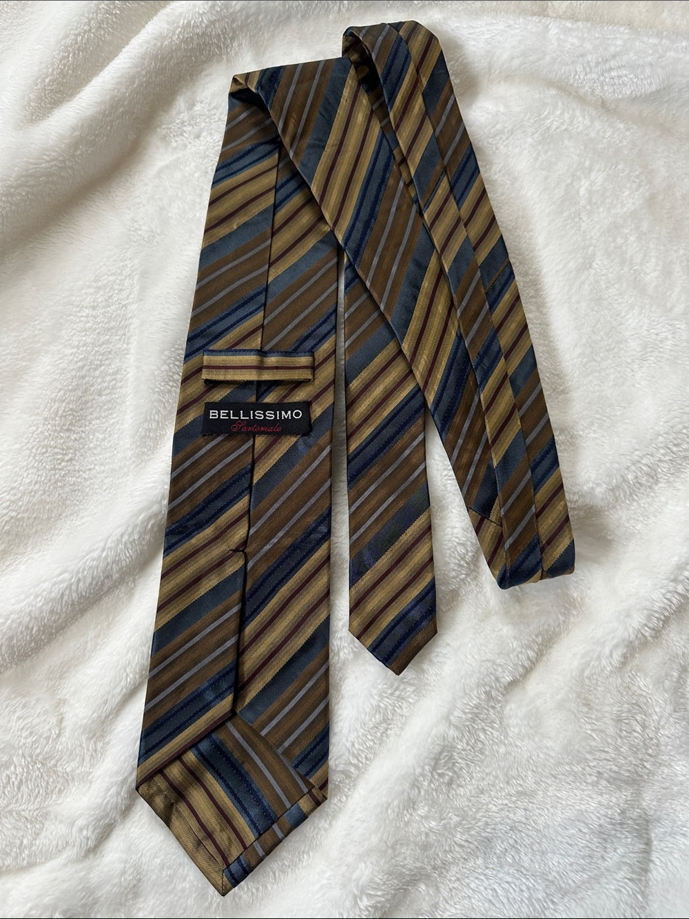 BELLISSIMO Vintage Gold Taupe/Red/Navy Striped Handmade Silk Tie Classic Luxury